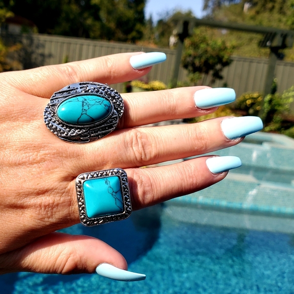 2/$20🌼  Turquoise Silvertone Rings Adjustable #3 - Picture 2 of 6